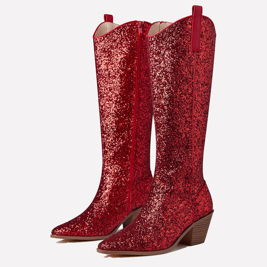 Eteridrey Sparkly Western Cowgirl Boots Pointed Toe Glitter Cowboy Boots Red Knee High Boots Halloween Cosplay Shoes