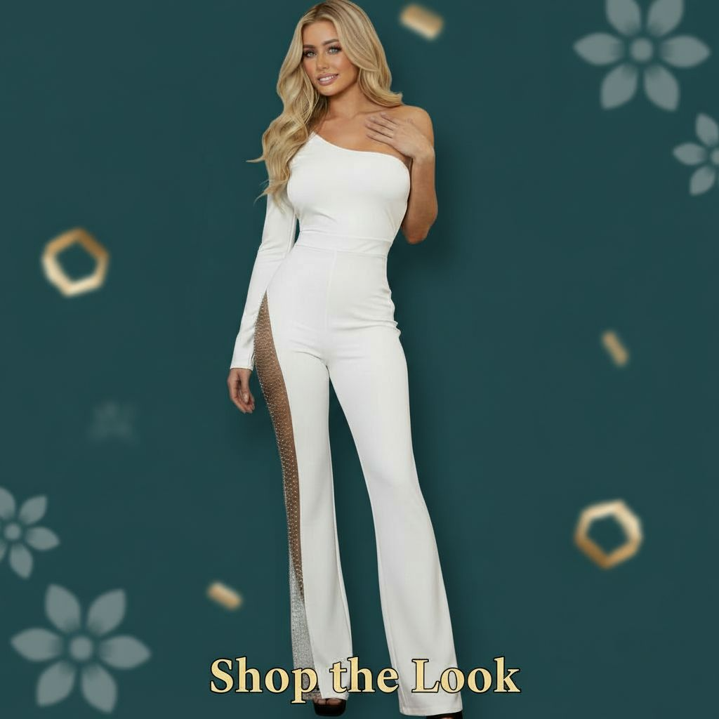 Rhinestone Mesh One Shoulder Jumpsuit - Glam Statement Piece
