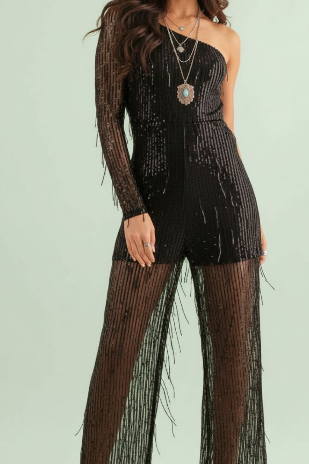 Sequin Fringe One Shoulder Jumpsuit - Embellished Glam Jumpsuit