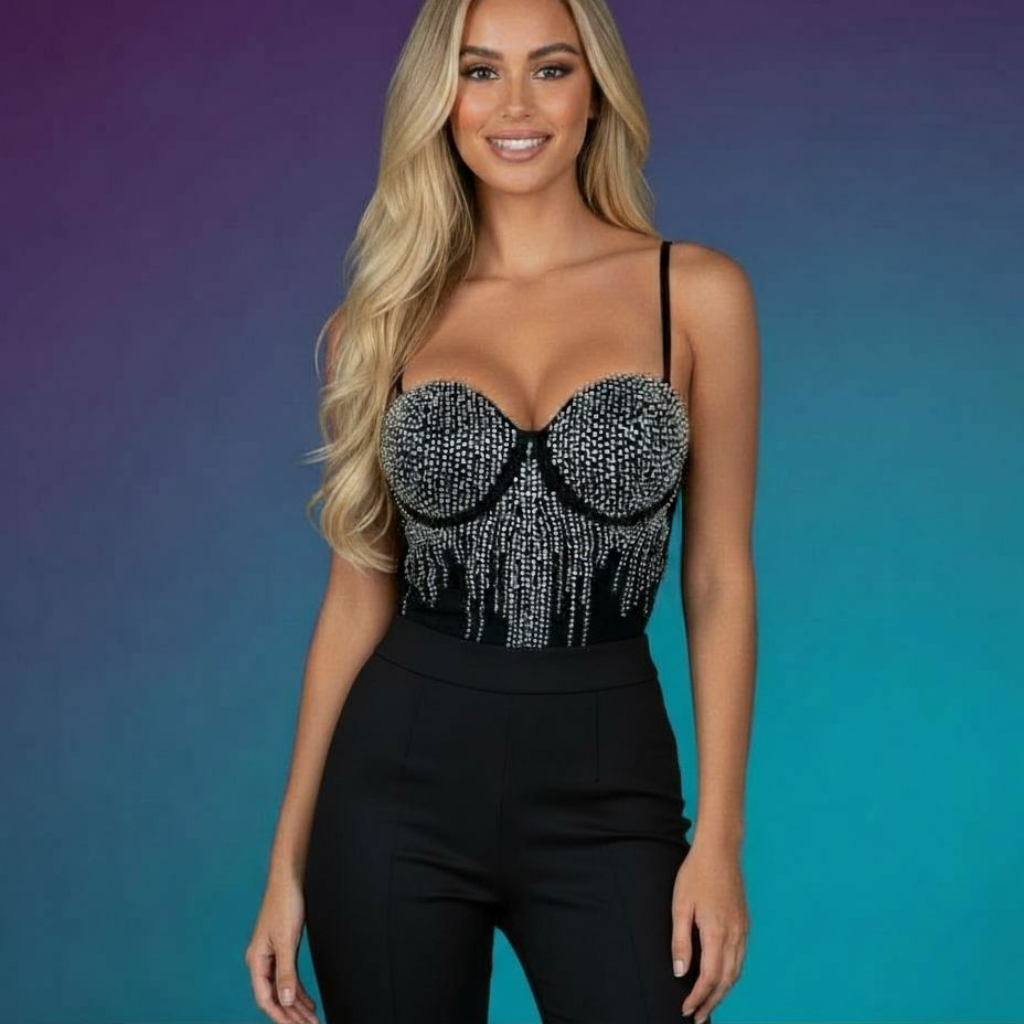 Rhinestone Spaghetti Strap Bustier Crop Top - Glam Party Top