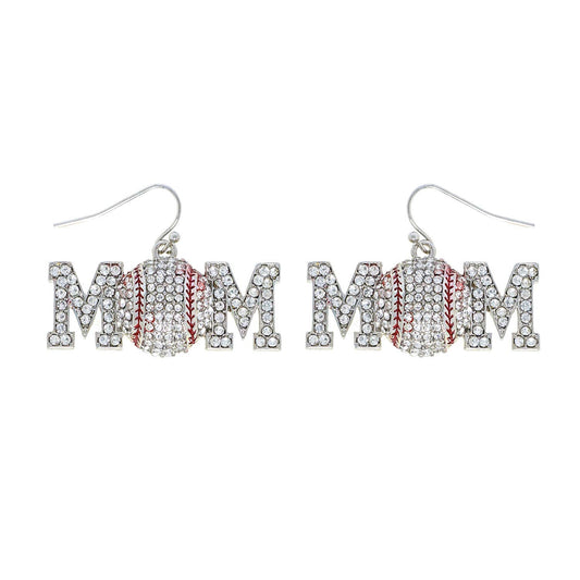 SP Sophia Collection - Rhinestone Pave "Mom" Baseball Dangle Hook Earrings