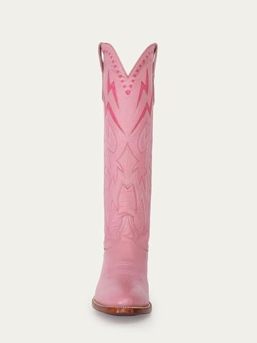 VARECOLA Knee High Cowboy Boots Women，Western Cowboy Boots with Embroidered Lightning Inlay，Chunky Heel Round Toe Wide Calf Cowgirl Boots