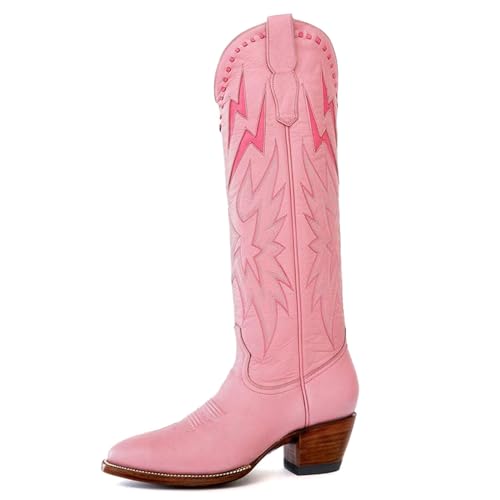 VARECOLA Knee High Cowboy Boots Women，Western Cowboy Boots with Embroidered Lightning Inlay，Chunky Heel Round Toe Wide Calf Cowgirl Boots