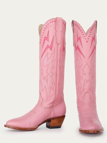 VARECOLA Knee High Cowboy Boots Women，Western Cowboy Boots with Embroidered Lightning Inlay，Chunky Heel Round Toe Wide Calf Cowgirl Boots