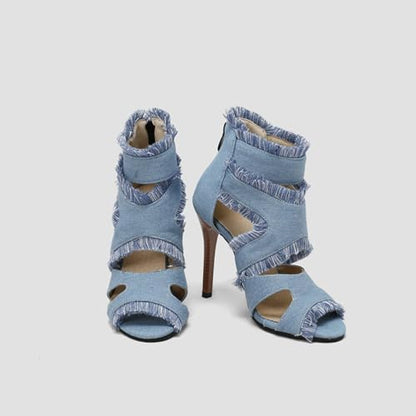 ZJWBB Women's Gladiator High Heel Peep Toe Stiletto Sandals Denim Zip Shoes Back Zipper Cutout Breathable Non-slip Ankle Bootie Sandals Tassel Wedding Party Dress Shoes