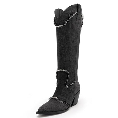 WIRALOMI Western Cowboy Boots for Women, Knee High Cowgirl Boots for Women, Mid Height Heel with Pointed Toe