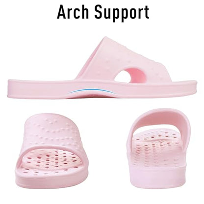 shevalues Shower Shoes for Women with Arch Support Quick Drying Pool Slides Lightweight Beach Sandals with Drain Holes, Pink 8-9 Women / 6.5-7.5 Men