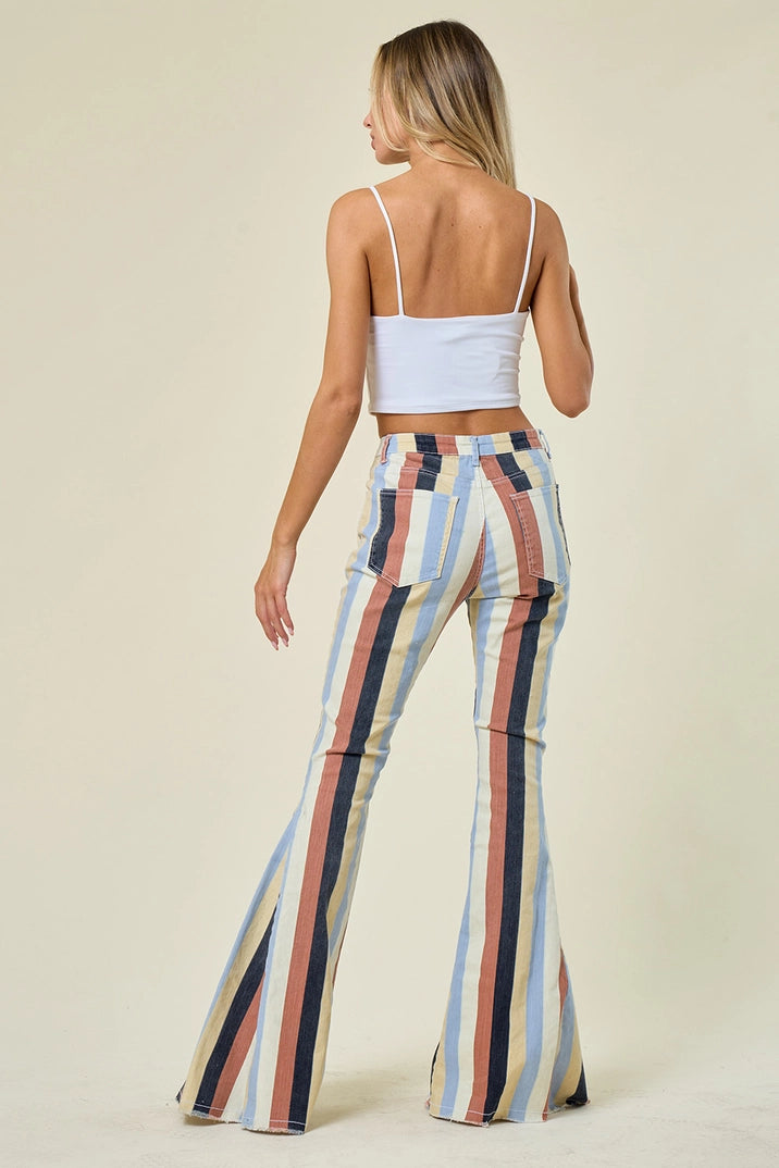 Multi Stripe Denim Bell Bottom Jeans - Yellow Multi - Unladylique