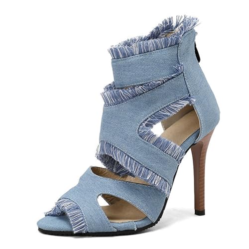 ZJWBB Women's Gladiator High Heel Peep Toe Stiletto Sandals Denim Zip Shoes Back Zipper Cutout Breathable Non-slip Ankle Bootie Sandals Tassel Wedding Party Dress Shoes