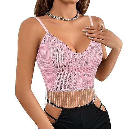 Sparkly Sequin Spaghetti Strap Crop Top