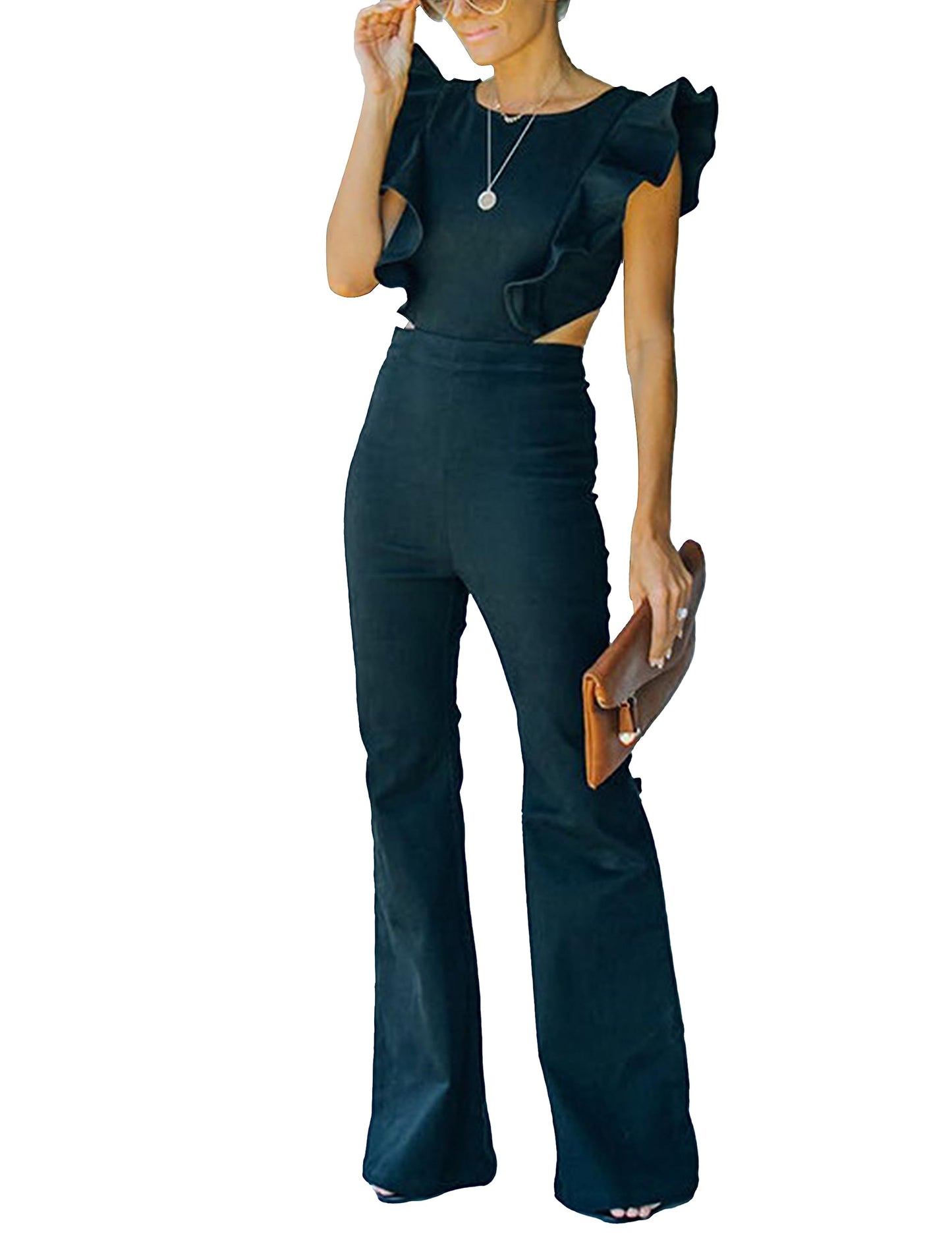 Flared Denim Jumpsuit Ruffle Sleeve Backless