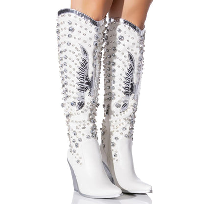 WIRALOMI Rhinestone Cowboy Boots for Women Eagle Parttern Cowgirl Boots Chunky Heel Knee High Western Long Boots