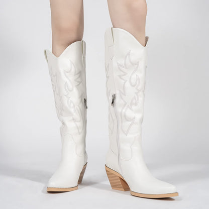 Pasuot White Cowboy Boots for Women - Wide Calf Cowgirl Knee High Western with Side Zip and Embroidered, Pointed Toe Chunky Heel Retro Classic Tall Boot Pull On for Ladies Fall Winter Size 8