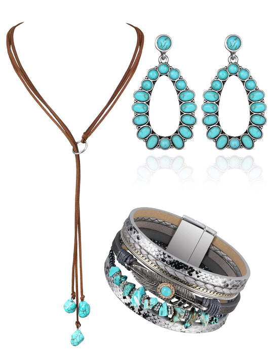 3 Pcs Western Boho Pendant Long Choker, Faux Leather Layered Bracelet, Dangle Earrings