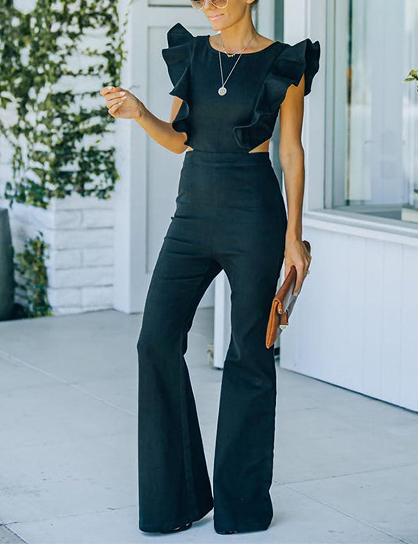 Flared Denim Jumpsuit Ruffle Sleeve Backless