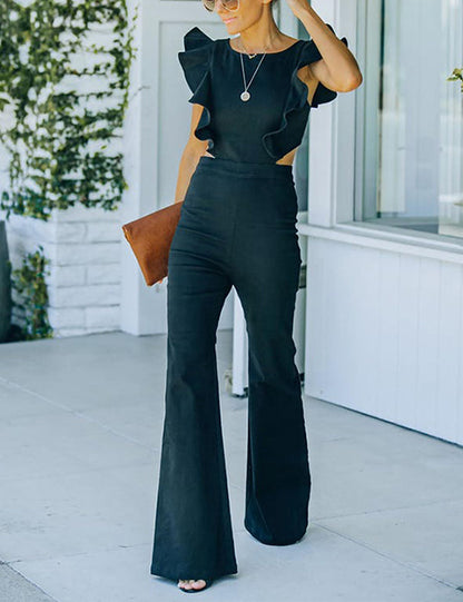 Flared Denim Jumpsuit Ruffle Sleeve Backless