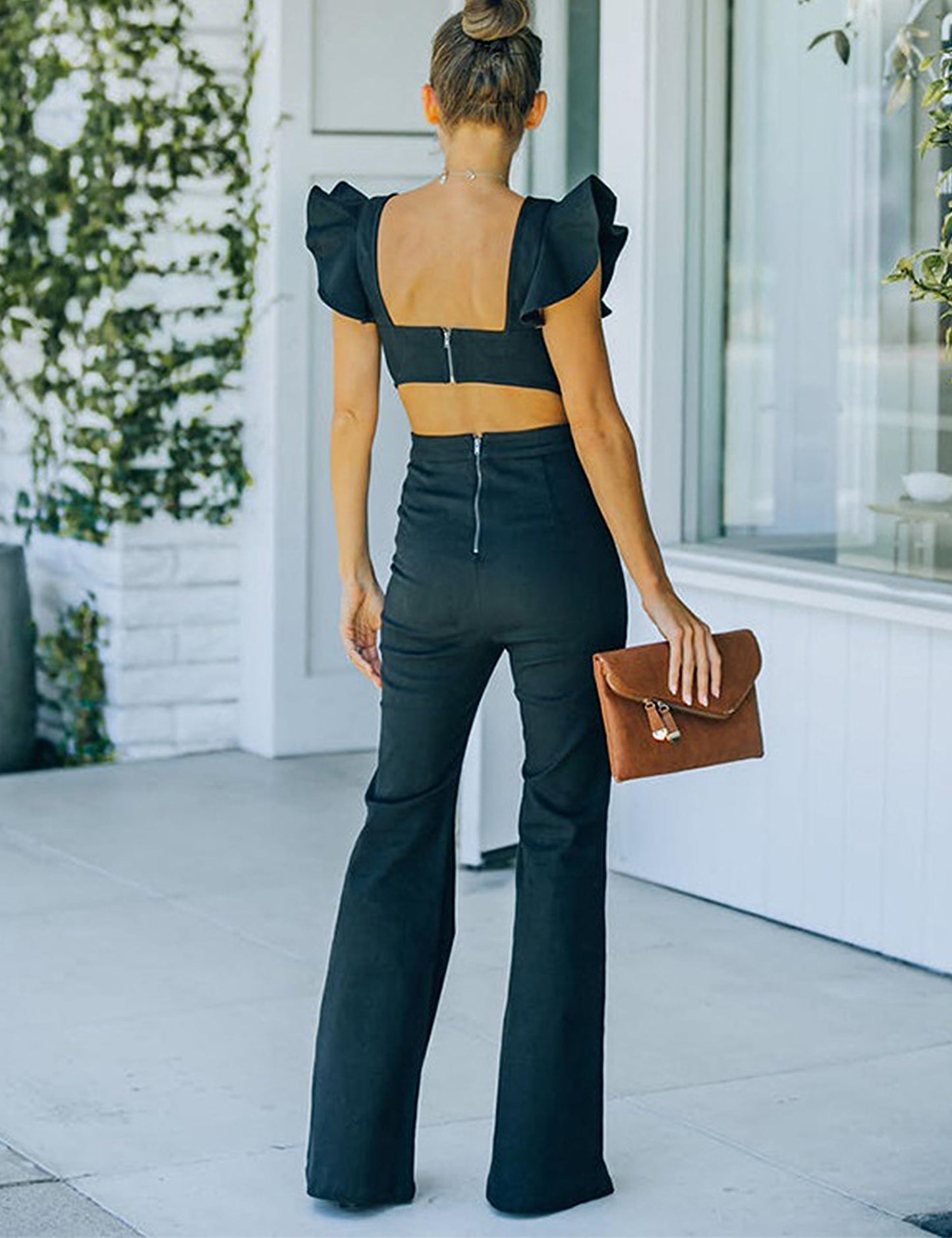 Flared Denim Jumpsuit Ruffle Sleeve Backless