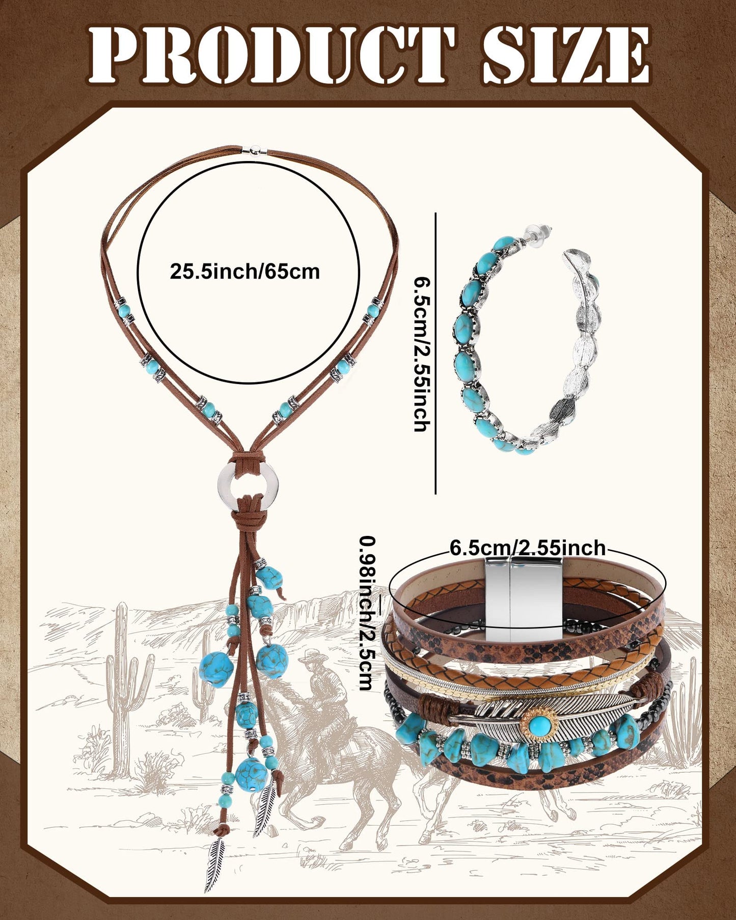 4 Pcs Boho Jewelry Set Straw Cowboy Hat with Vintage Synthetic Turquoise Necklace, Bracelets, Earrings for Women (Turquoise Style)