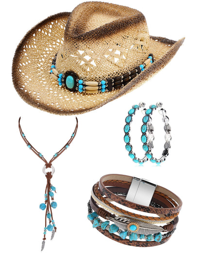 4 Pcs Boho Jewelry Set Straw Cowboy Hat with Vintage Synthetic Turquoise Necklace, Bracelets, Earrings for Women (Turquoise Style)