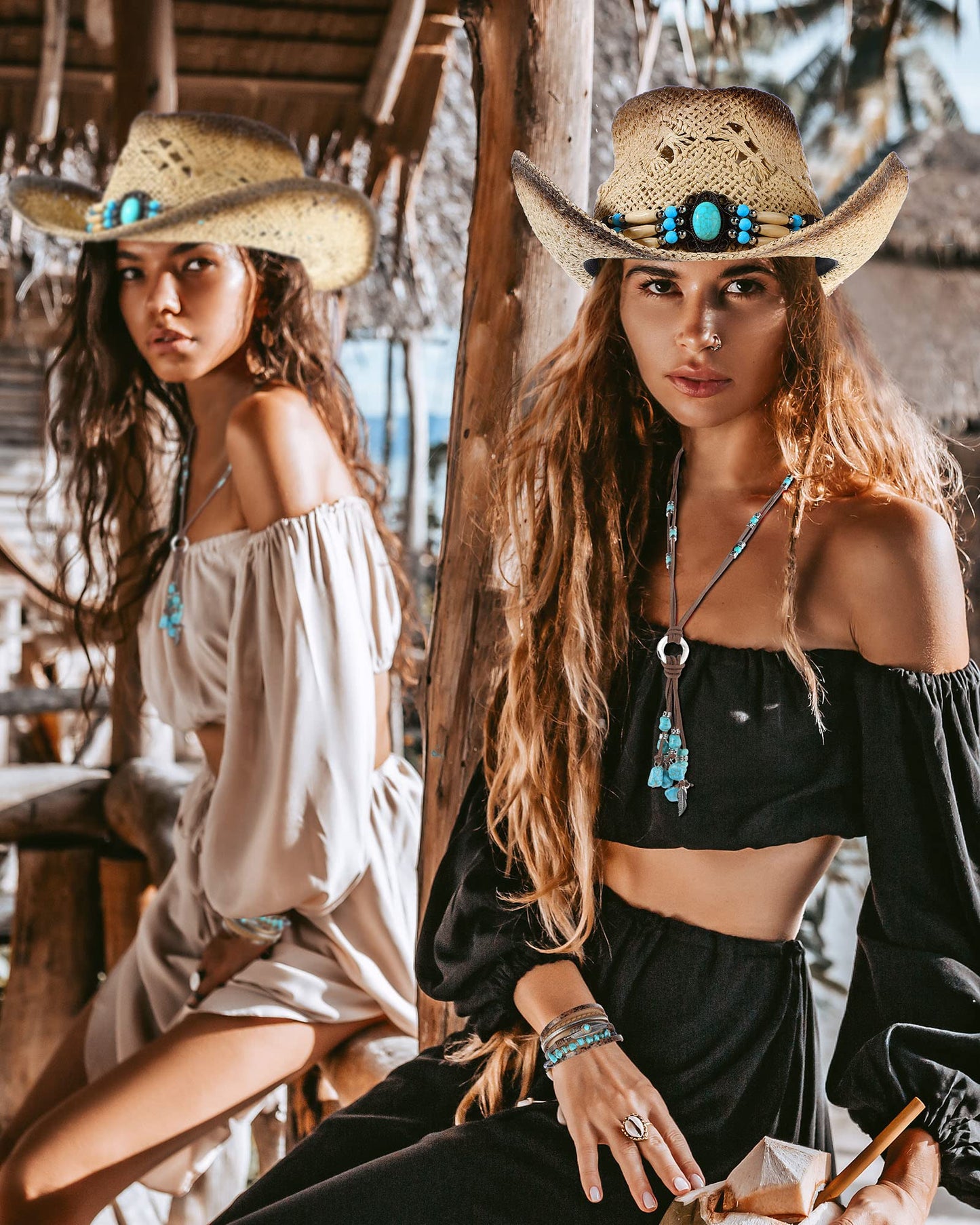 4 Pcs Boho Jewelry Set Straw Cowboy Hat with Vintage Synthetic Turquoise Necklace, Bracelets, Earrings for Women (Turquoise Style)