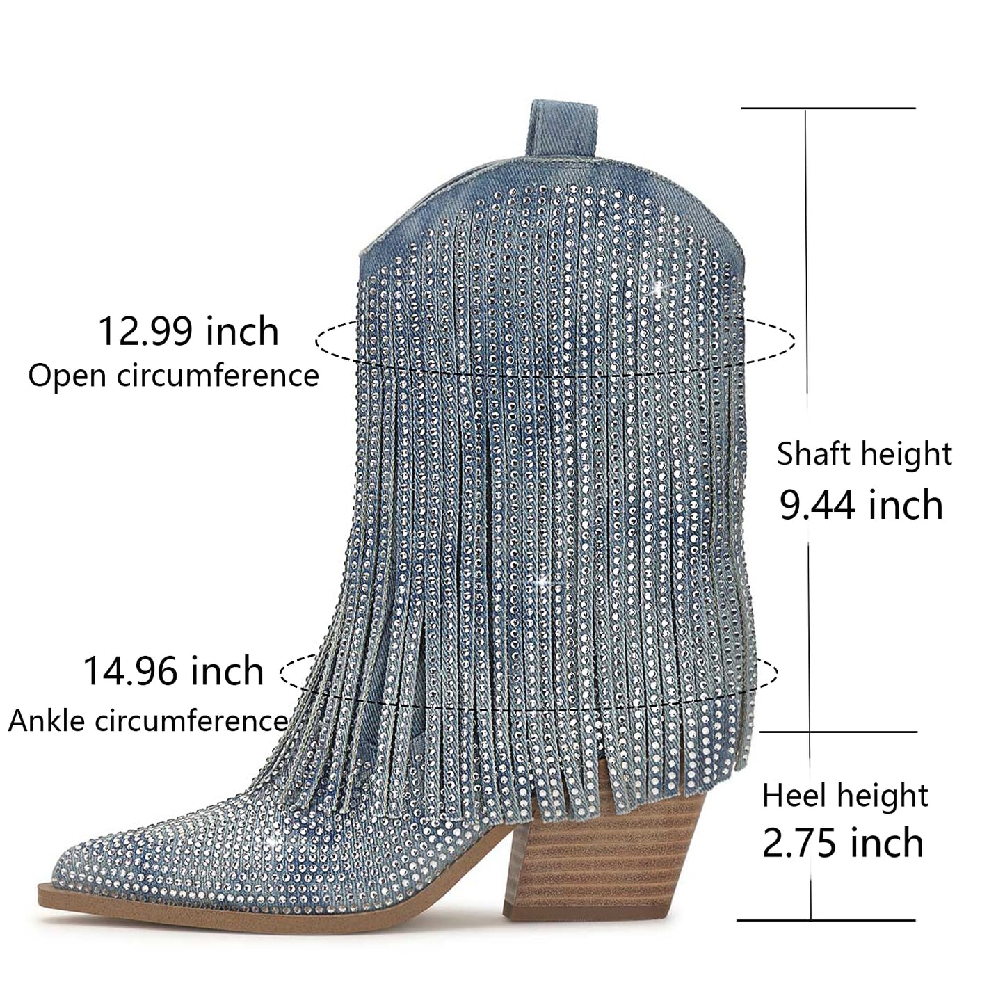 HICLOTSA Women's Cowboy Denim Ankle Boots Cowgirl Rhinestone Fringe Western Boots Side Zipper Pointy Pull On Chunky Heel Sparkly Tassels Booties Fashion Country Party for Women Size 9