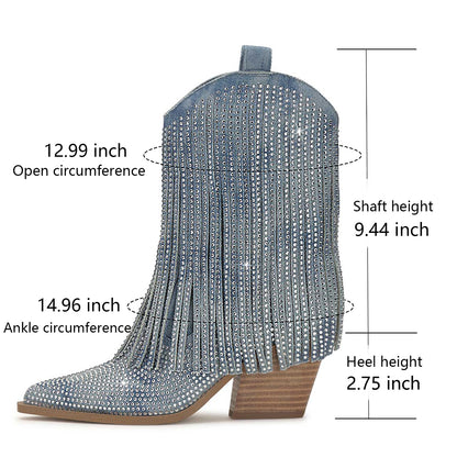 HICLOTSA Women's Cowboy Denim Ankle Boots Cowgirl Rhinestone Fringe Western Boots Side Zipper Pointy Pull On Chunky Heel Sparkly Tassels Booties Fashion Country Party for Women Size 9