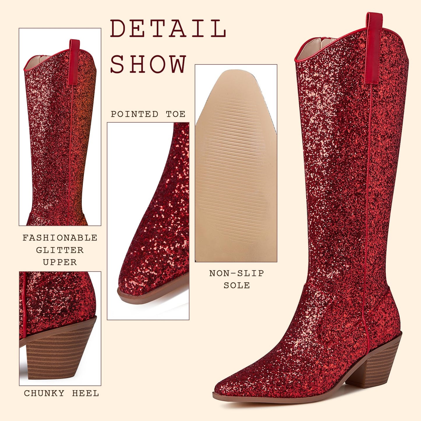 Eteridrey Sparkly Western Cowgirl Boots Pointed Toe Glitter Cowboy Boots Red Knee High Boots Halloween Cosplay Shoes