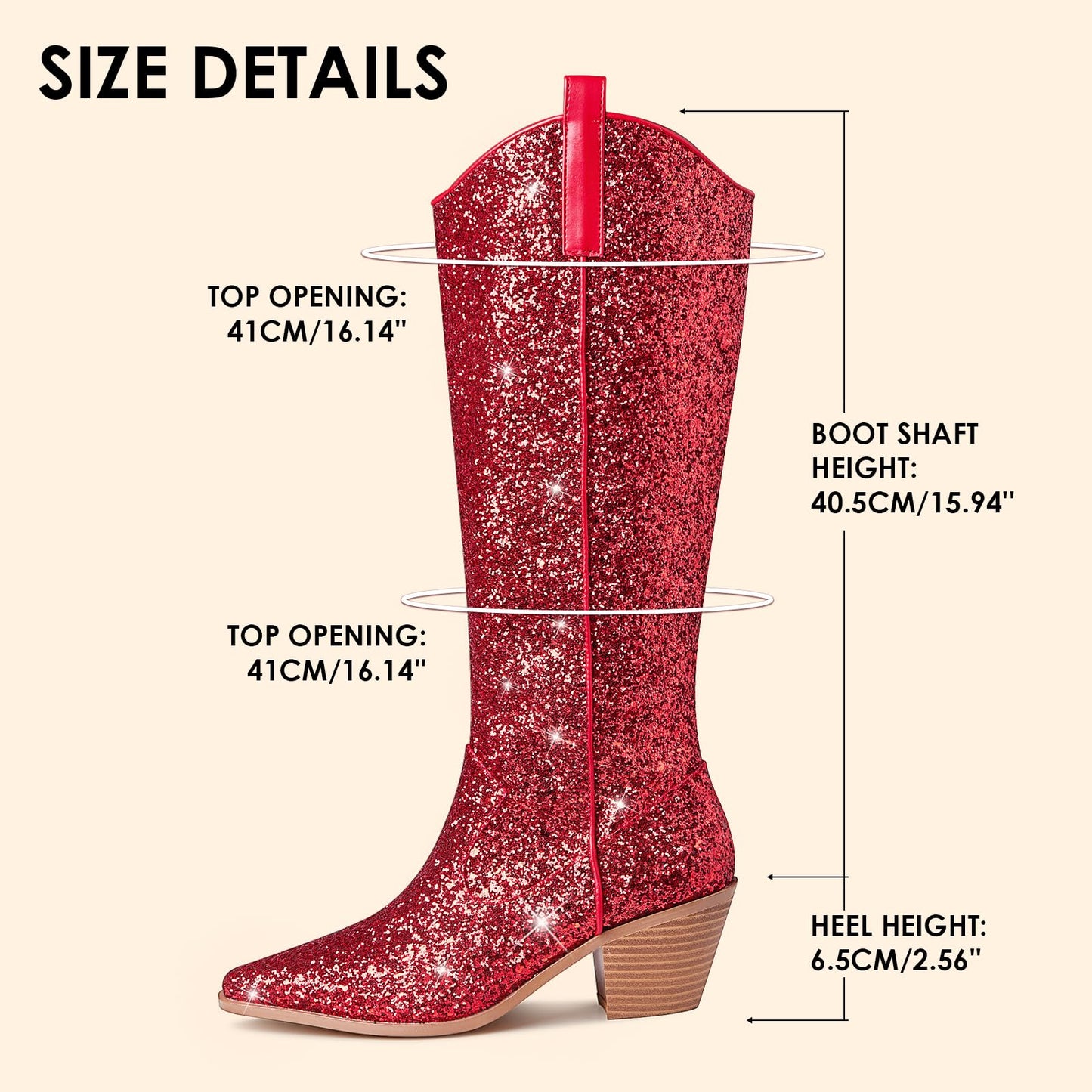 Eteridrey Sparkly Western Cowgirl Boots Pointed Toe Glitter Cowboy Boots Red Knee High Boots Halloween Cosplay Shoes