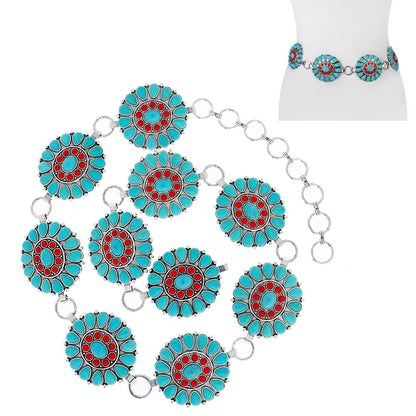 SP Sophia Collection - Western Style Synthetic Semi Stone Concho Chain Link Belt: Turquoise