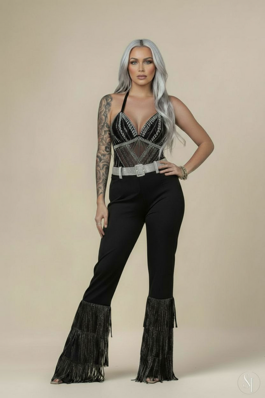 Rhinestone Halter Neck Bodysuit - Sheer Mesh Glam