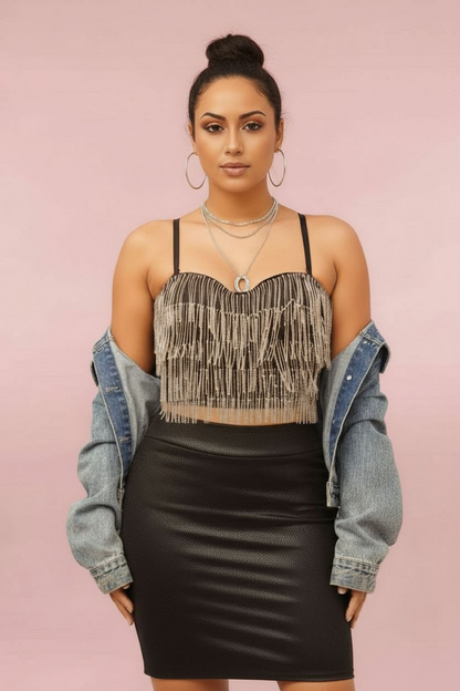 Rhinestone Metal Fringe Bustier Top - Statement Glam Top