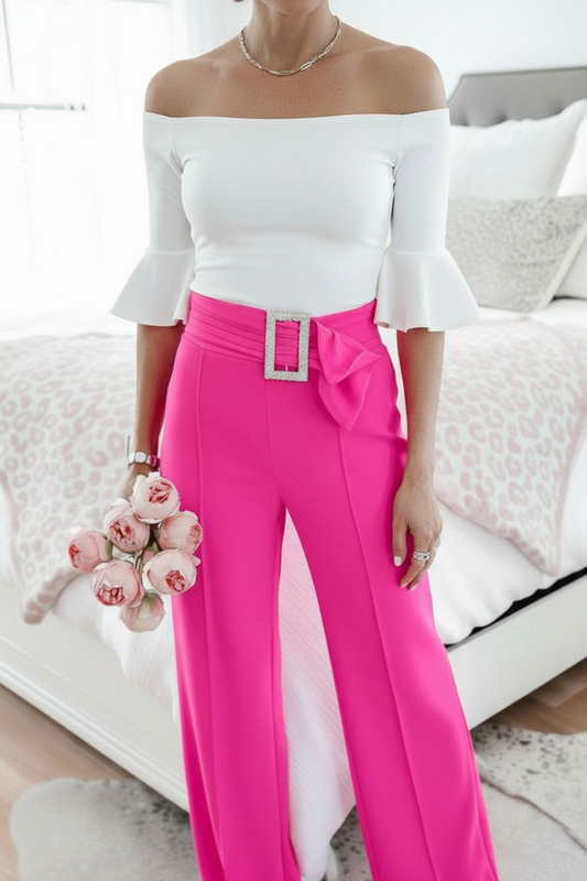 Rhinestone Buckle Sash Wide Leg Pants - Elegant Palazzo Pants