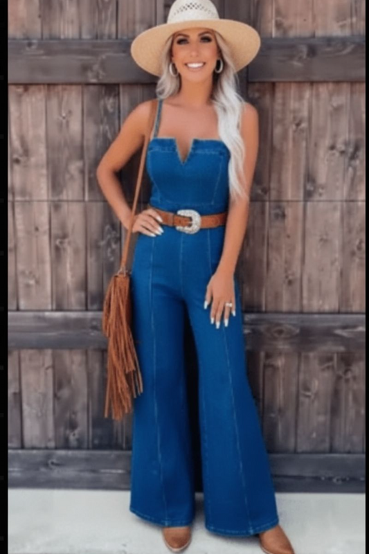 Blue Denim Jumpsuit - Spaghetti Strap Flare Leg