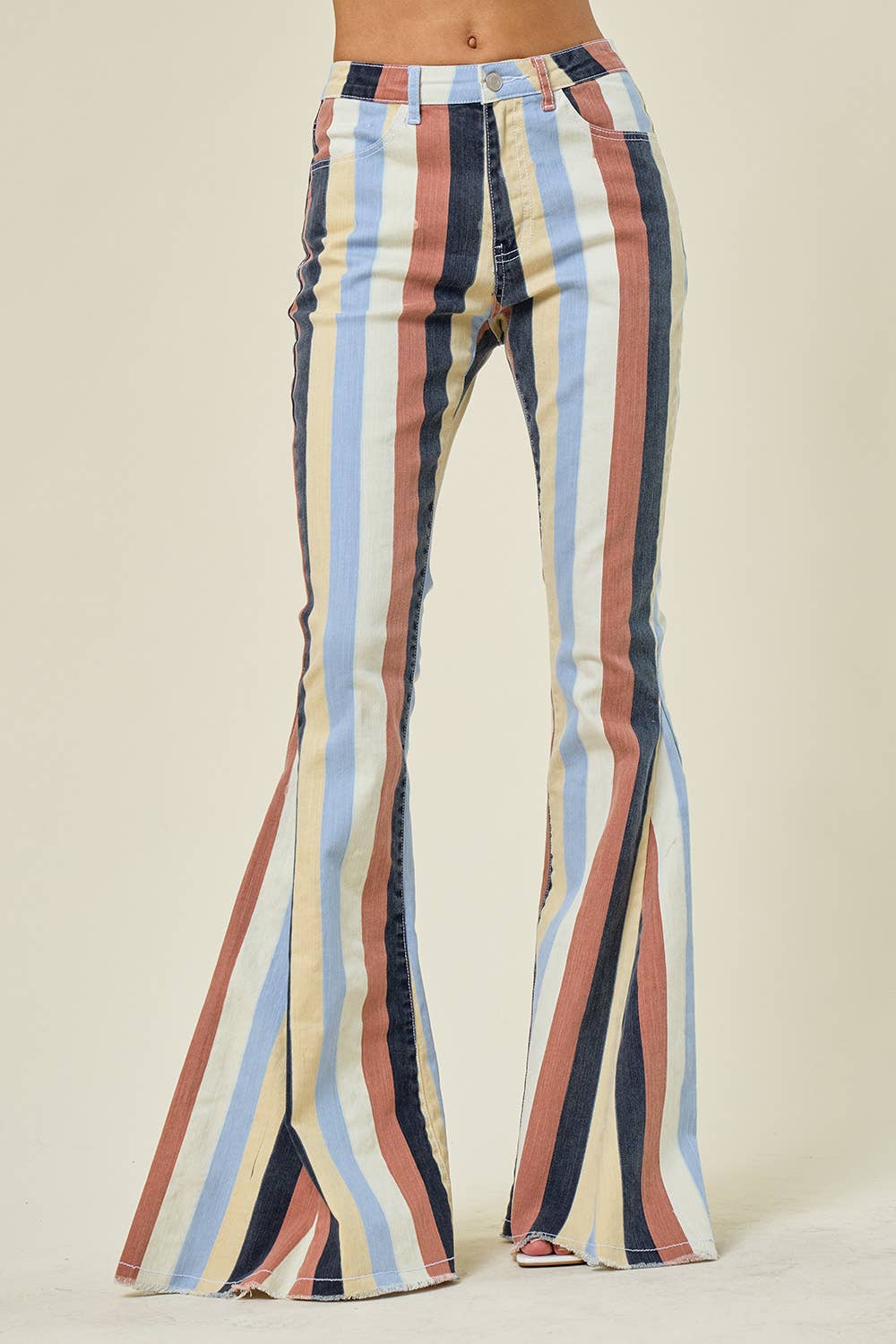 Multi Stripe Denim Bell Bottom Jeans - Yellow Multi - Unladylique