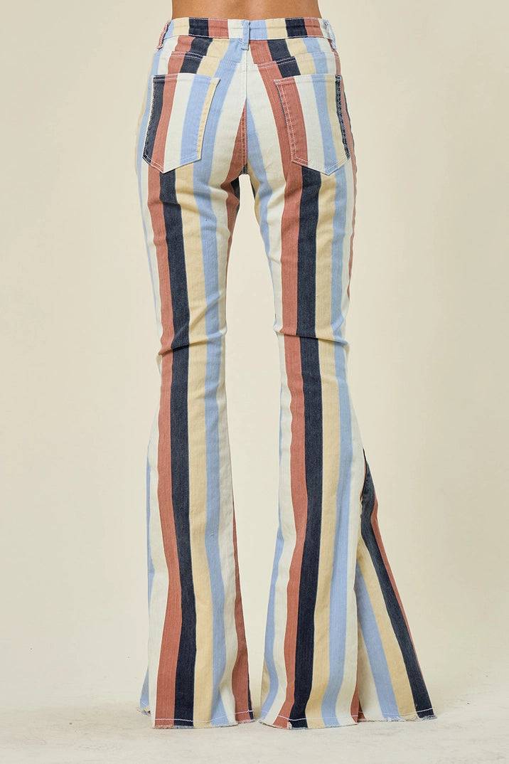 Multi Stripe Denim Bell Bottom Jeans - Yellow Multi - Unladylique