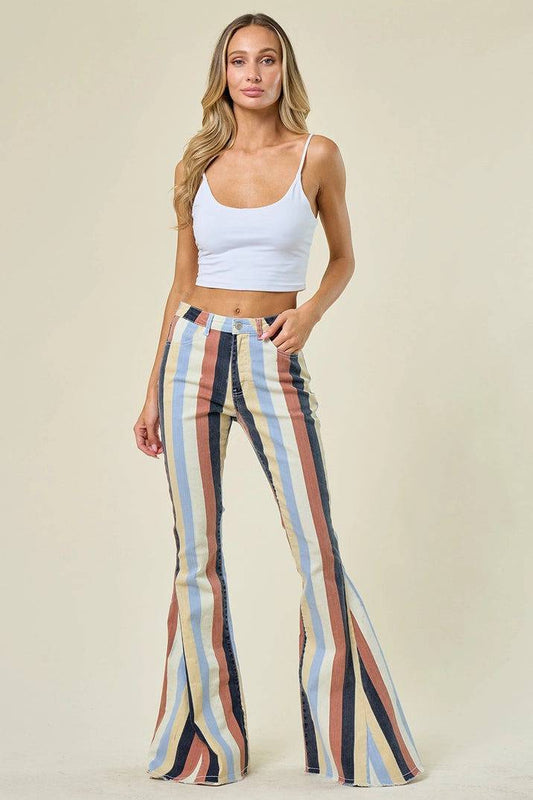 Multi Stripe Denim Bell Bottom Jeans - Yellow Multi - Unladylique