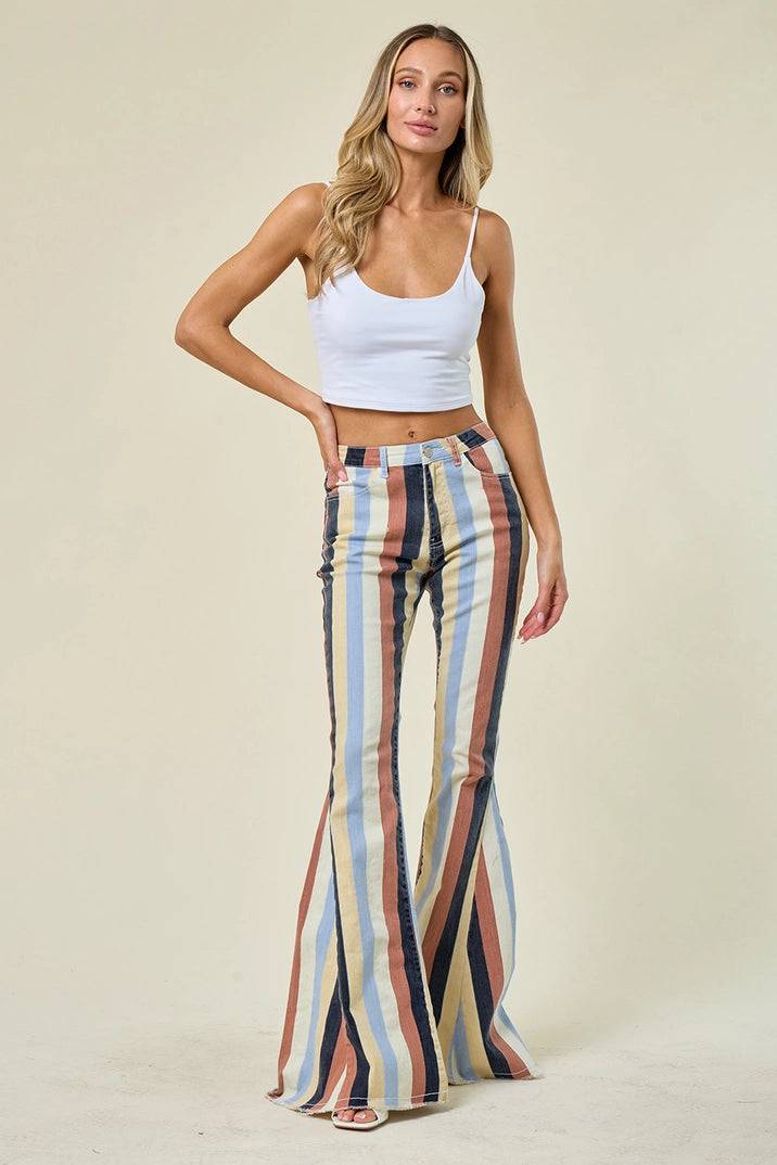 Multi Stripe Denim Bell Bottom Jeans - Yellow Multi - Unladylique