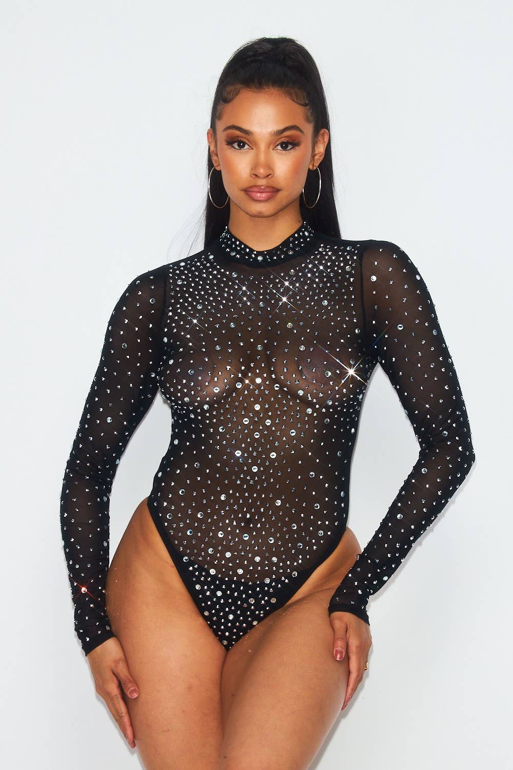 Sheer Mesh Rhinestone Bodysuit - Unladylique