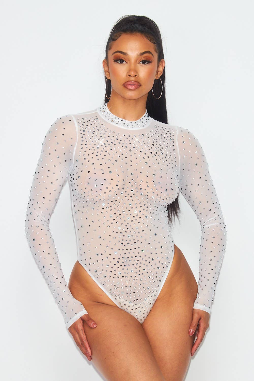 Sheer Mesh Rhinestone Bodysuit - Unladylique