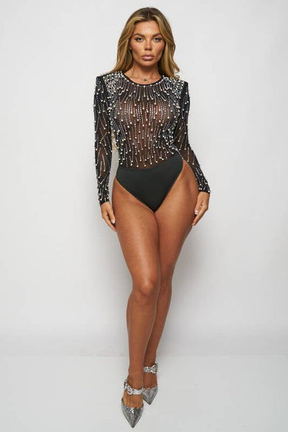 RHINESTONE/PEARL STUD MESH BODYSUIT  - Unladylique