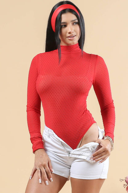 Unladylique-Mesh Rhinestones Mock Neck Long Sleeves Bodysuit - Unladylique