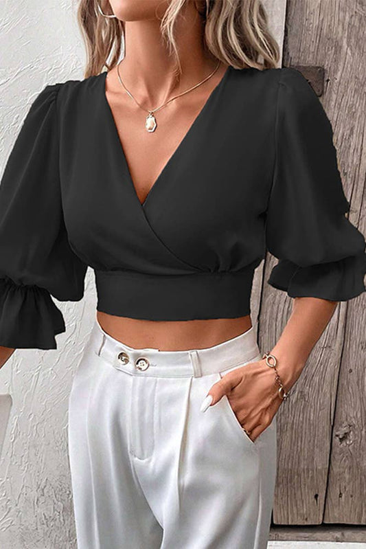 Unladylique- Plain V Neck Puff Crop Blouse - Unladylique