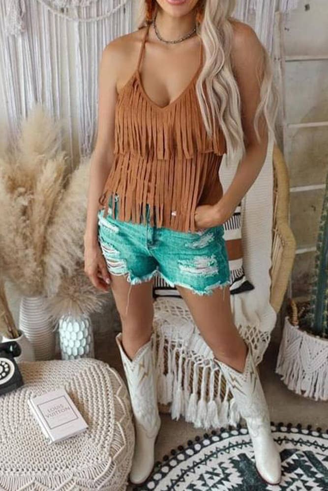 Brown Suede Tassle Cami Top - Unladylique