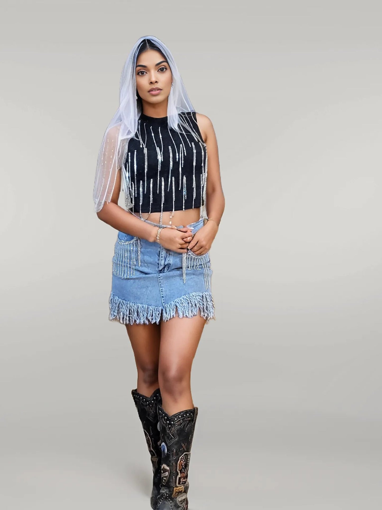 Rhinestone Fringed Hip Denim Skirt - Unladylique