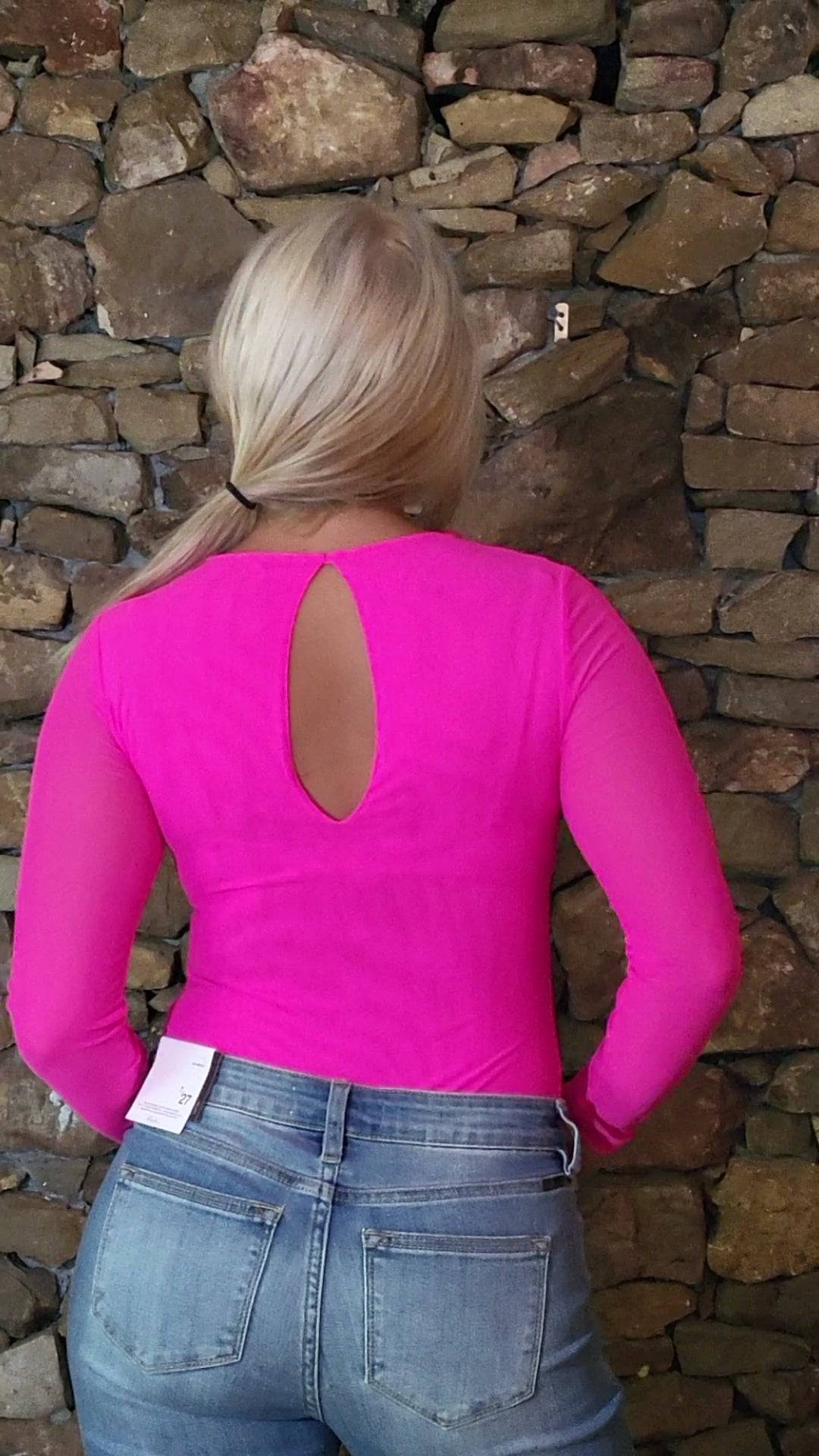 Bright Pink Double Mesh Long Sleeve Fitted Bodysuit - Unladylique