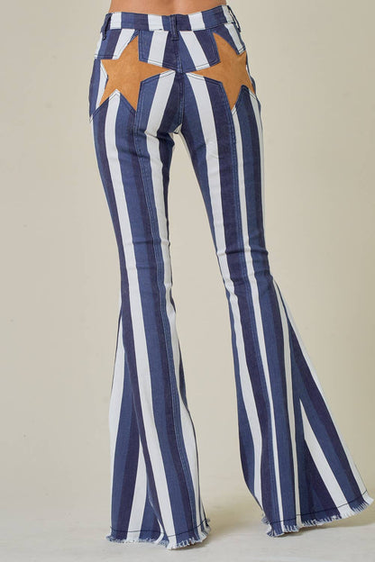 MULTI STRIPE STAR BACK BELLBOTTOM JEANS - Unladylique