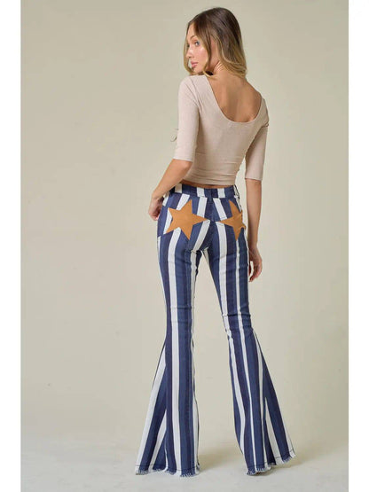 MULTI STRIPE STAR BACK BELLBOTTOM JEANS - Unladylique