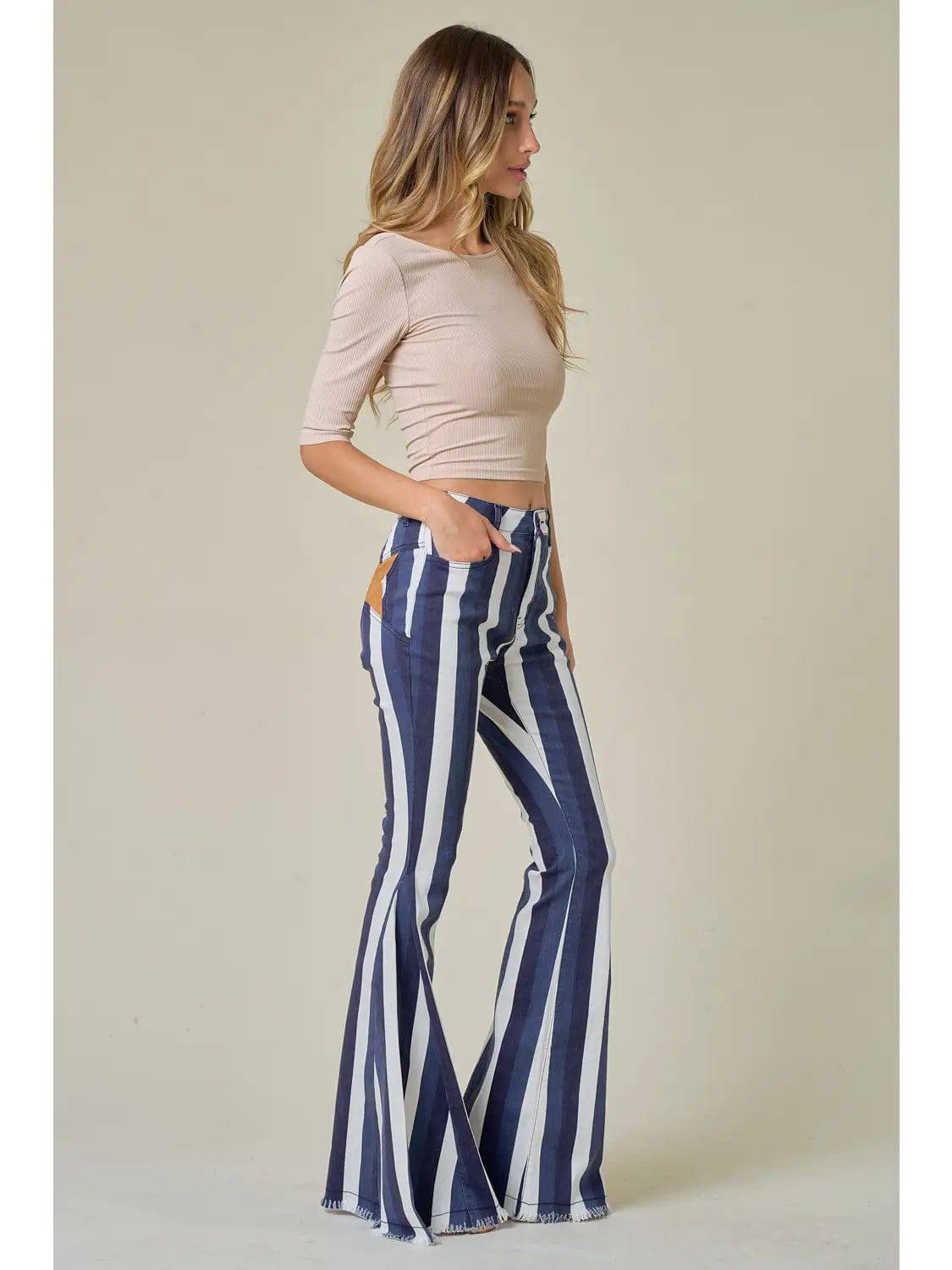 MULTI STRIPE STAR BACK BELLBOTTOM JEANS - Unladylique