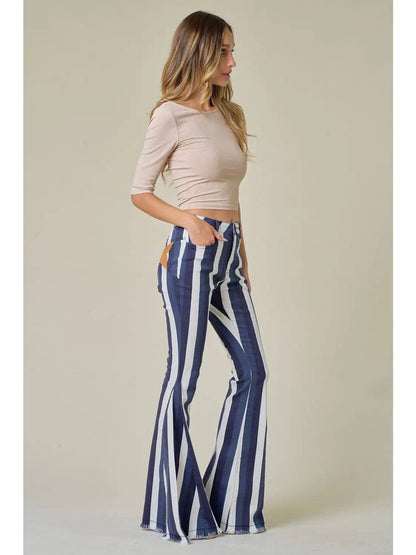 MULTI STRIPE STAR BACK BELLBOTTOM JEANS - Unladylique