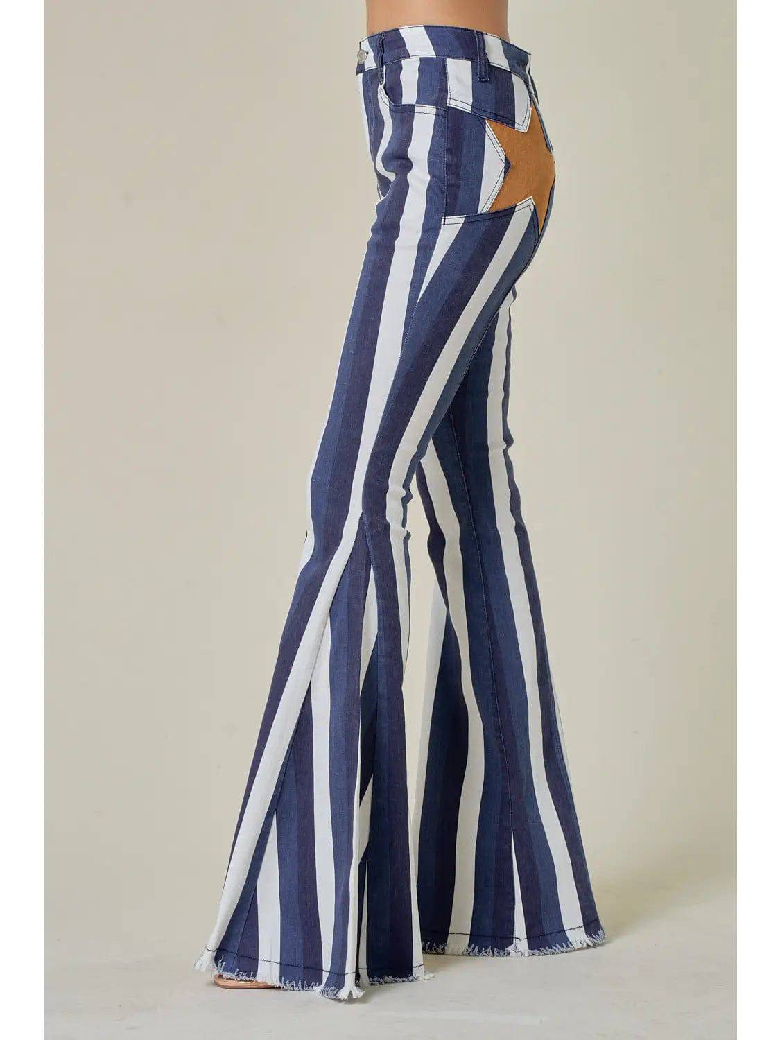 MULTI STRIPE STAR BACK BELLBOTTOM JEANS - Unladylique